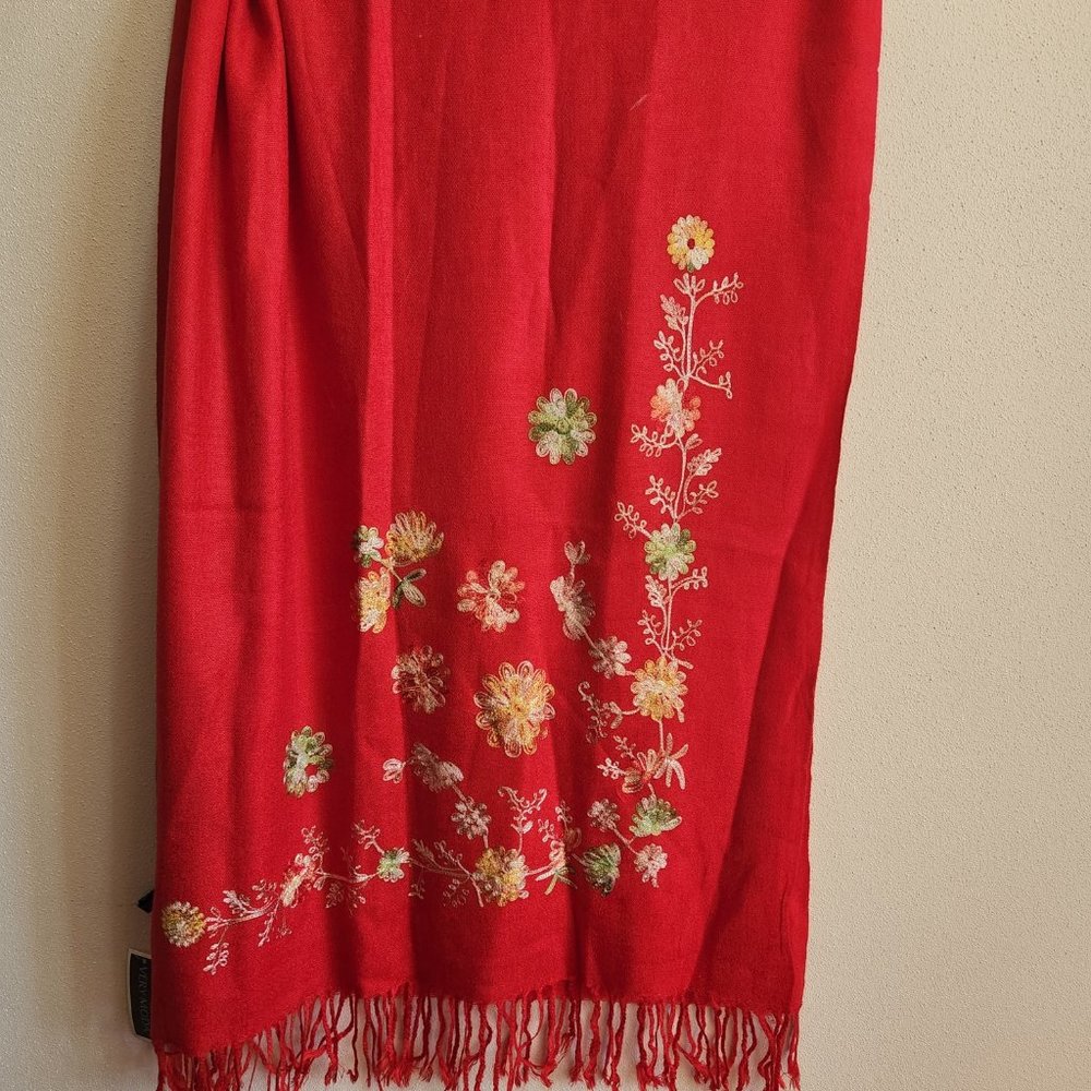 New Red Scarf with Embroidered Flowers 67 x 26 inches  with tags